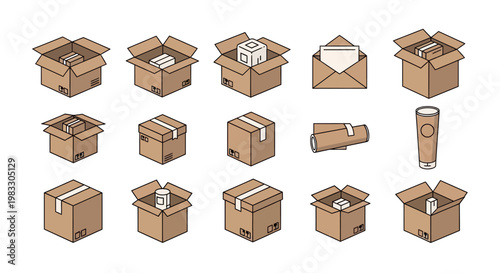 Cardboard Boxes In Various States For Shipping And Storage.