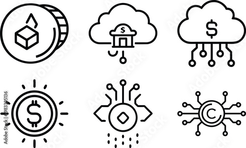 Digital finance icons: cryptocurrency, cloud computing, and secure transactions.