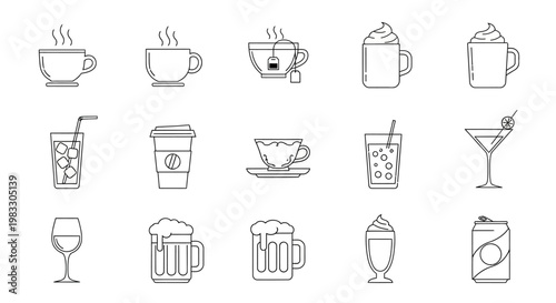 Assorted Beverage Icons Set In Line Art.