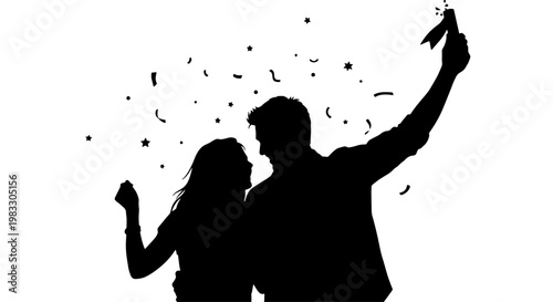 Silhouettes of a happy couple celebrating with confetti falling around them, expressing joy and festivity.
