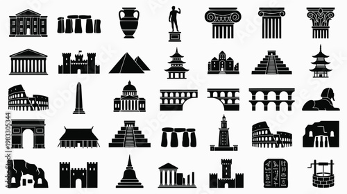 Heritage Icon Collection. Heritage Preservation. Line icon set of Heritage Preservation: heritage building, ancient monument, artifact, statue, pillar, temple,
