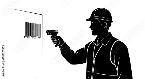 Silhouette of a worker in a hard hat scanning a barcode with a handheld scanner, representing inventory management and logistics.