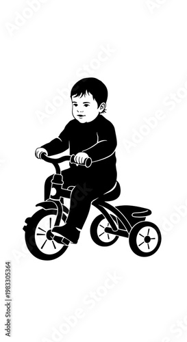 A black and white illustration of a young child riding a tricycle.