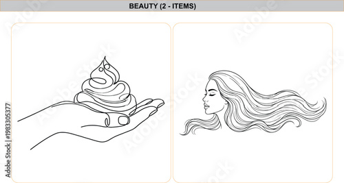 Continuous one line drawing of hand holding hair care cream, and beautiful woman profile silhouette, minimalist vector beauty salon illustration.
