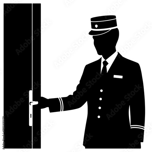 Silhouette of a uniformed doorman opening a door with his hand.