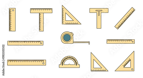 Measuring tools assortment rulers protractor tape measures and squares.