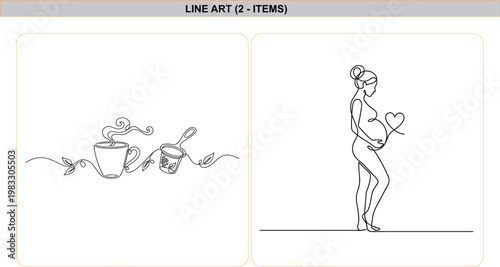 Continuous one line drawing of hot tea cup with strainer and pregnant woman silhouette with heart, minimalist vector art illustration.