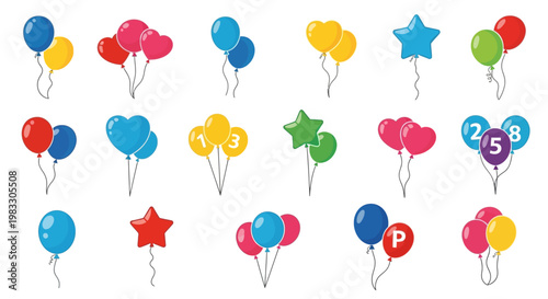 Colorful Balloon Cluster Floating In Bright Sky.