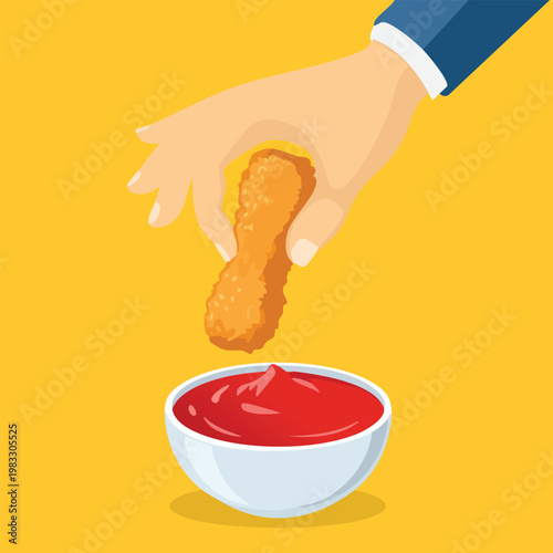 Hand dipping fried chicken nugget into red sauce against yellow background