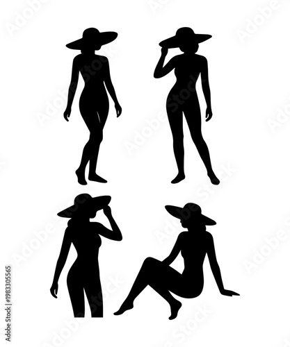 Women wearing sun hats posing in swimwear silhouettes