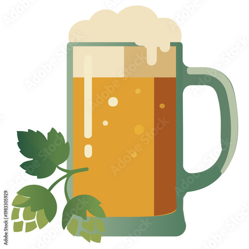 Tableau sur toile Beer Mug with Foam and Fresh Hop Branch for Brewery Branding