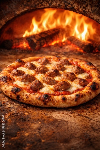 Salsiccia Pizza direkt im Holzofen
Italienische Pizza mit würziger Salsiccia und Mozzarella auf dem Steinboden im heißen Holzofen.