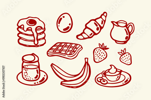 Assortment of breakfast food items including pancakes waffle fruit with pancake stack waffle grid fruit selection strawberry pair banana bunch croissant pastry boiled egg coffee cup