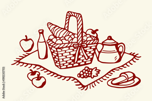 Wicker picnic basket filled with various food items on a blanket outdoor dining summer picnic spread checkered pattern al fresco light meal set setup food lover
