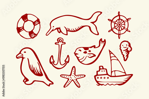 Nautical and marine life sketch collection with hand drawn line art nautical illustration starfish lifebuoy vacation childish collection isolated background decoration creative