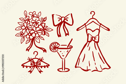 Bridal and celebration elements hand drawn icons with cocktail glass flower arrangement formal wear celebration cocktail elegance decoration accessory special occasion illustration