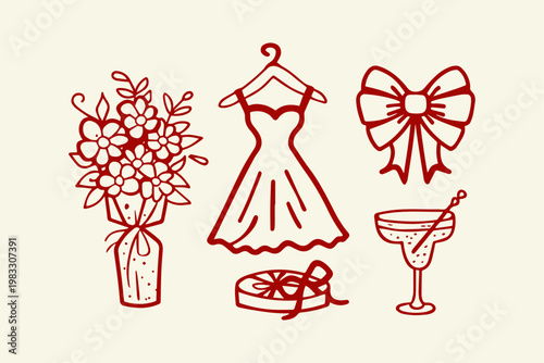 Wedding and celebration icons hand drawn style with gift box cocktail glass flower arrangement formal wear celebration cocktail elegance decoration accessory special occasion
