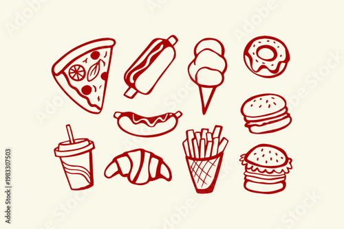 Hand drawn collection of fast food items and drinks with hot dog ice cream junk food party childhood sweet treat single object red outline simple design croissant