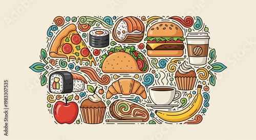 Variety of food and drink items.