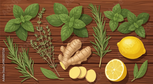 Fresh herbs and citrus fruits display.