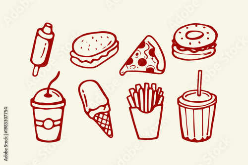 Hand drawn assortment of fast food items and drinks with ice cream cone hot dog junk food party childhood sweet treat single object red outline ice pop illustration