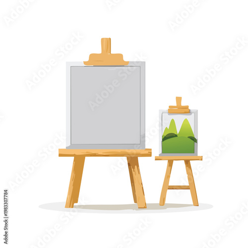 Wooden easels with blank canvas and painting against a white background