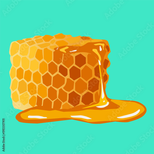 Honeycomb block with dripping honey in flat style for beekeeping theme