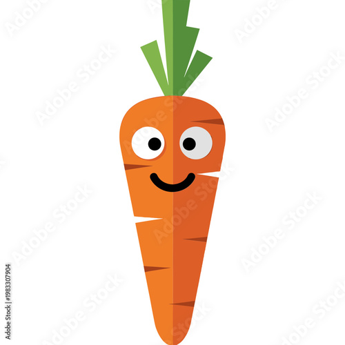 A cheerful cartoon carrot with green leaves and smiling face is shown.