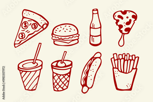 Hand drawn collection of fast food items drinks and bottle pizza slice hot dog junk food party childhood sweet treat single object red outline bottle of soda collection