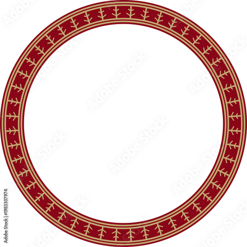 Vector golden and red round Yakut ornament. Endless circle, border, frame of the northern peoples of the Far East.