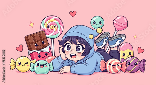 Cartoon child surrounded by toys sweets.