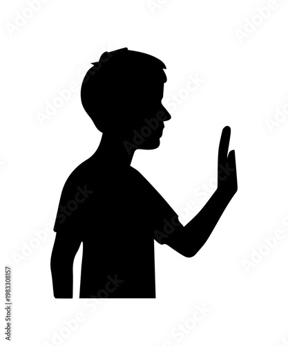 Boy silhouette showing stop hand gesture rejecting proposal