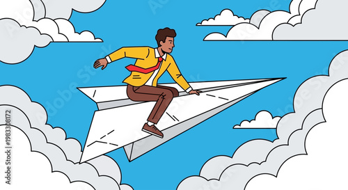 Man riding paper airplane flying high.