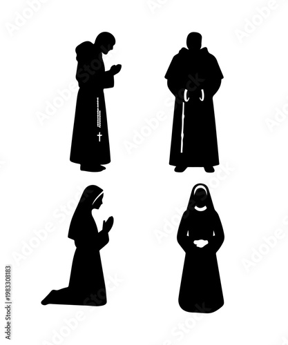 Monk friar and nun religious habit silhouette set representing spirituality