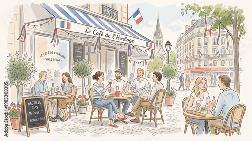 People enjoy drinks and food at outdoor cafe on a sunny street