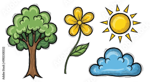 Cartoon tree with green leaves standing.