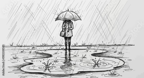 Woman standing alone in rain puddle.