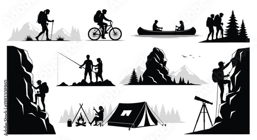 Outdoor adventure silhouettes hiking biking camping and fishing activities