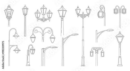 Collection of vintage street lamps a detailed sketch compilation
