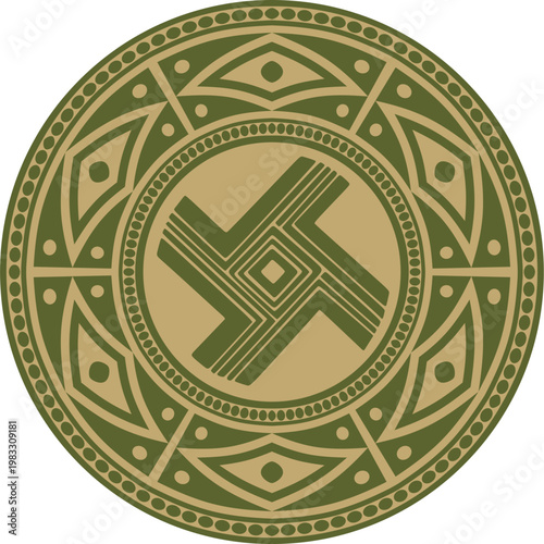 Native American vector round gold with green pattern. Geometric shapes in a circle. National ornament of the peoples of America, Maya, Aztecs, Incas.