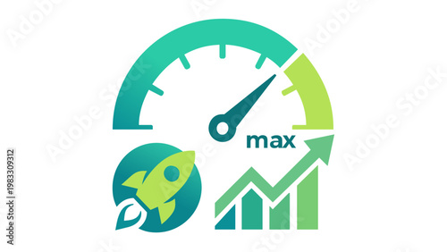 Business growth and performance vector icon illustration featuring a speedometer at max level, a launching rocket, and a rising bar graph with an upward arrow for sales success and acceleration.