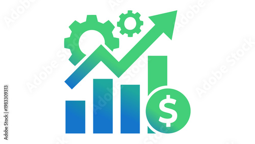 B2B sales and corporate partnership vector icon illustration featuring a rising bar chart with an upward growth arrow, mechanical gears for operations, and a dollar sign for financial success.