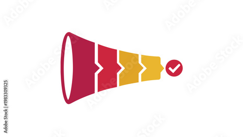 Sales pipeline vector icon illustration showing a four-stage conversion funnel with a checkmark for business success, B2B marketing strategy, lead management process, and sales optimization.