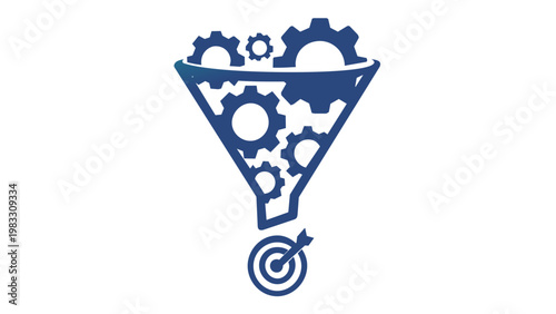 Sales pipeline vector illustration featuring a funnel filled with gears leading to a target, symbolizing B2B lead conversion, business process optimization, and strategic marketing automation.