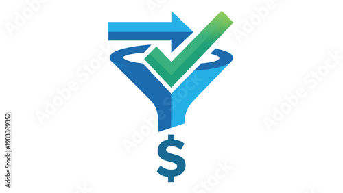 Professional blue sales funnel vector icon with green checkmark and dollar sign symbol, representing lead conversion, business revenue growth, and successful marketing strategy illustration.