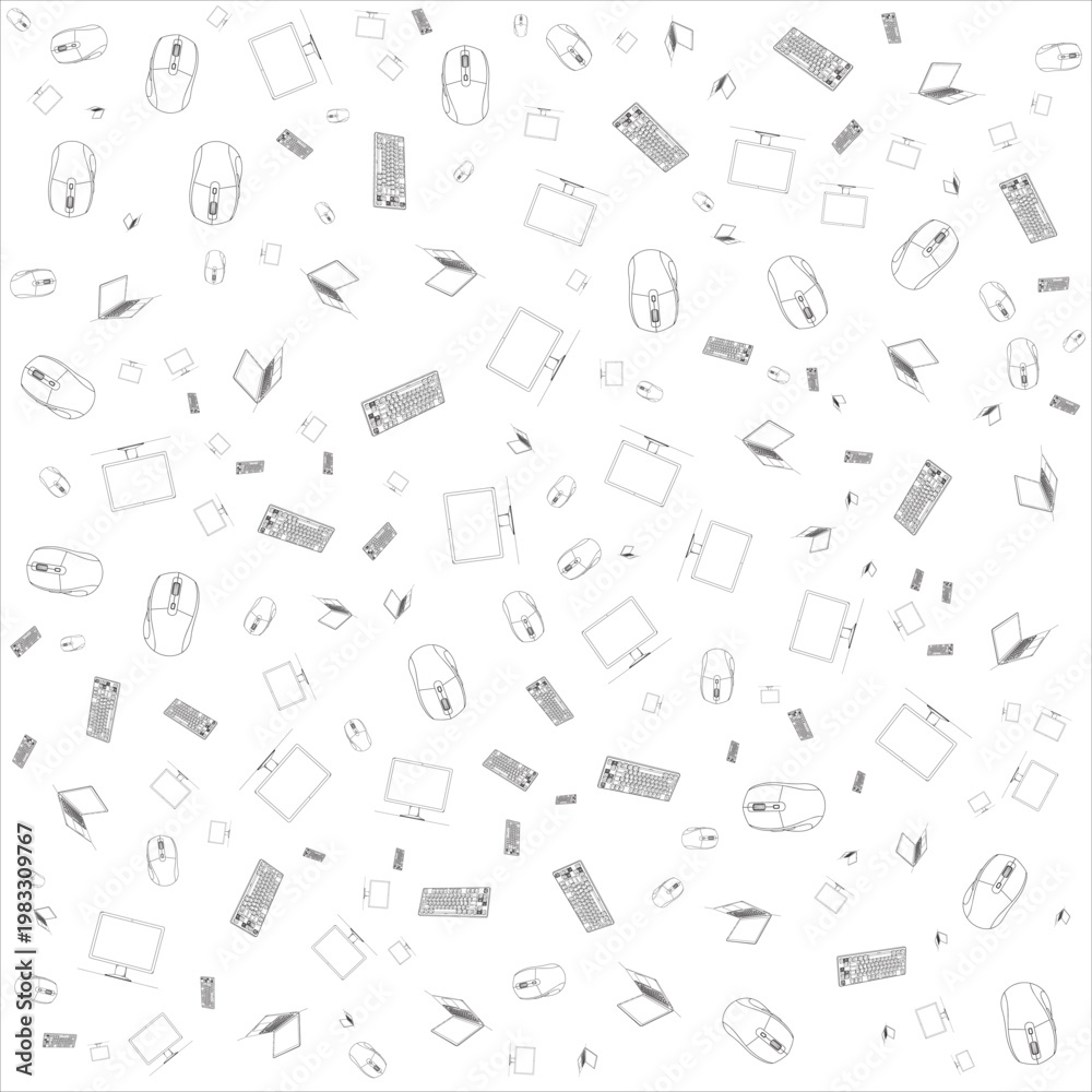 Obraz premium Seamless Computer Hardware Pattern with Monitor, Mouse, Keyboard, and Laptop Monochrome Tech Line Art