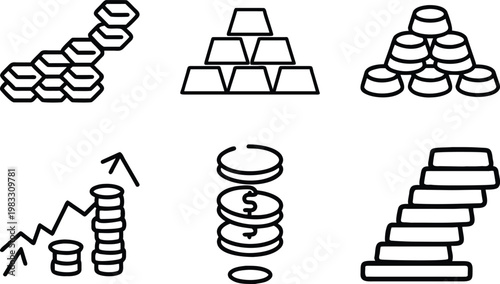 Set of financial symbols: stacked coins, gold bars, and upward trend lines.
