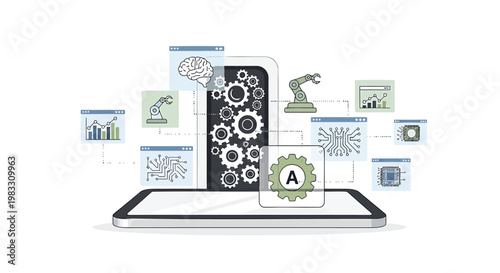 Technology icons, gear mechanisms, and business analytics on mobile device, infographic elements, digital workflow, automation tools