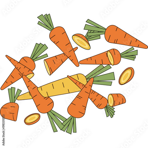 A vibrant illustration of chopped carrots and parsnips scattered on a surface