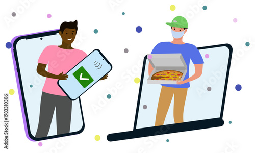 Black man pays his online pizza order to the courier without contact